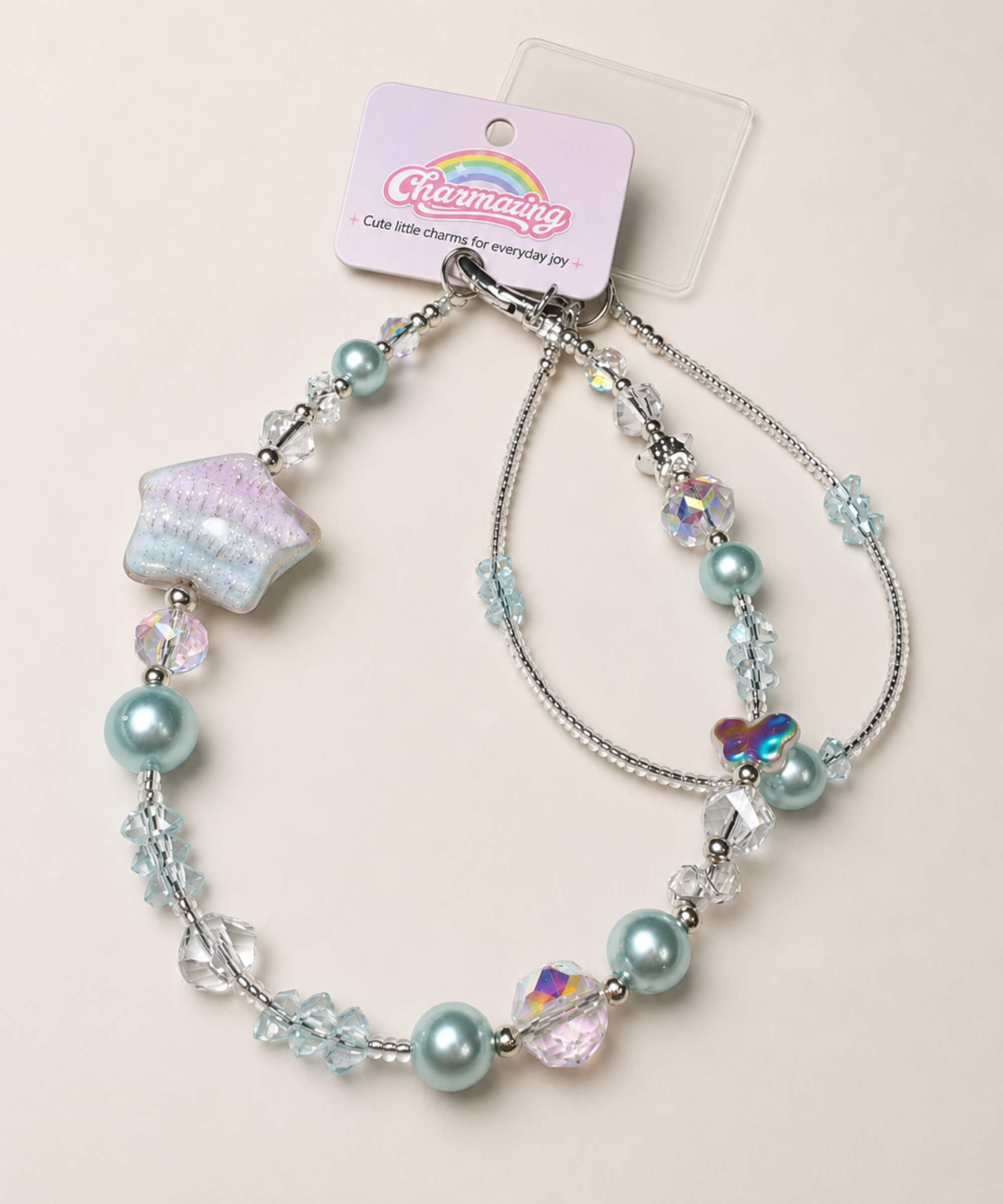 Blue Starry beaded phone charm with aqua pearl-look beads and crystal-style details